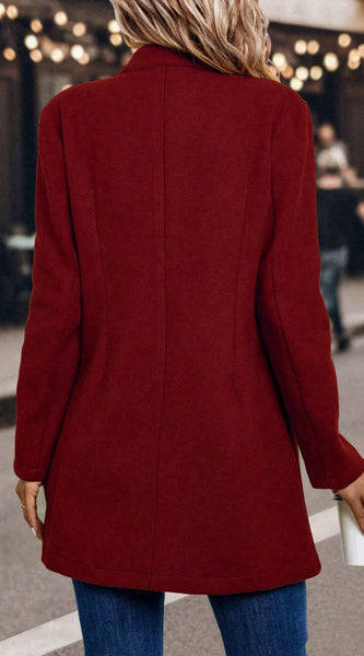 LUNE Solid Color Woolen Coat with Single Breasted Button Fall Winter Cloth for Women