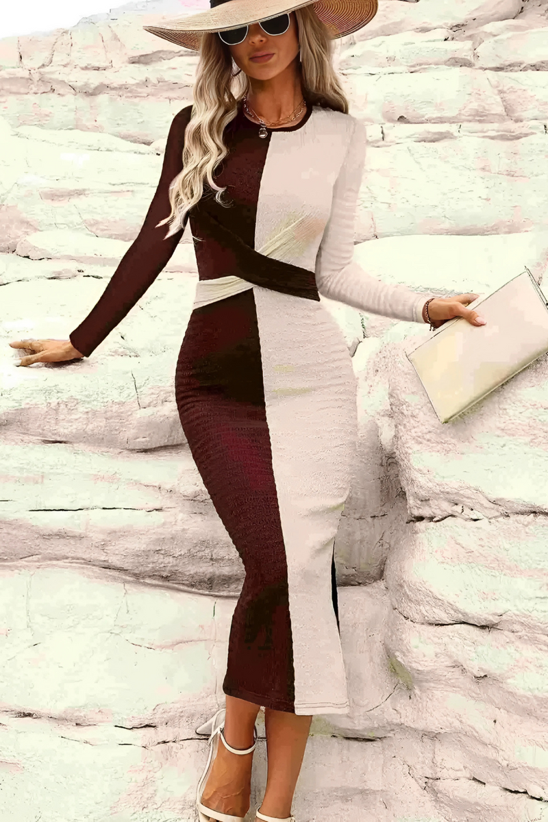 Two Tone Slit Round Neck Long Sleeve Midi Dress