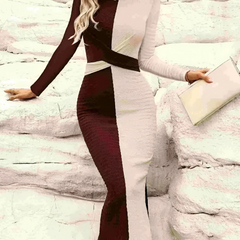 Two Tone Slit Round Neck Long Sleeve Midi Dress