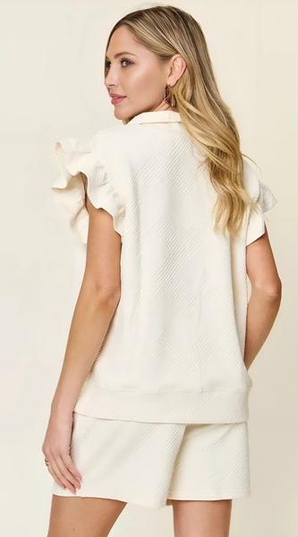 Double Take Full Size Texture Flounce Sleeve Top and Drawstring Shorts Set