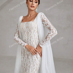 Faeriesty Elegant Square Neckline Long-Sleeve Mermaid Wedding Dress Bridal Gown with Sheer Organza Cape Detailing – Perfect for Church Ceremonies, Formal Galas, Destination Weddings, Luxurious Evening Receptions, and Grand Cathedral Celebrations