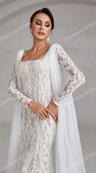 Faeriesty Elegant Square Neckline Long-Sleeve Mermaid Wedding Dress Bridal Gown with Sheer Organza Cape Detailing – Perfect for Church Ceremonies, Formal Galas, Destination Weddings, Luxurious Evening Receptions, and Grand Cathedral Celebrations
