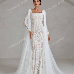 Faeriesty Elegant Square Neckline Long-Sleeve Mermaid Wedding Dress Bridal Gown with Sheer Organza Cape Detailing – Perfect for Church Ceremonies, Formal Galas, Destination Weddings, Luxurious Evening Receptions, and Grand Cathedral Celebrations