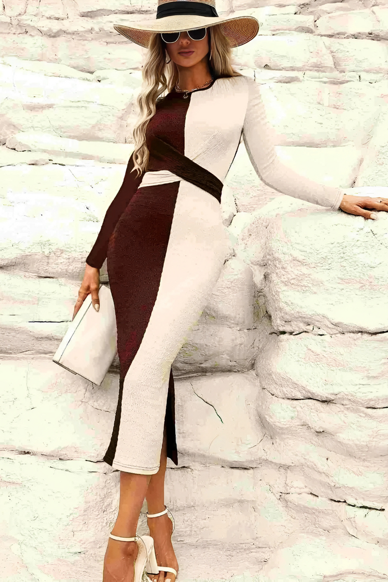 Two Tone Slit Round Neck Long Sleeve Midi Dress