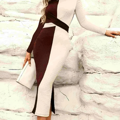 Two Tone Slit Round Neck Long Sleeve Midi Dress