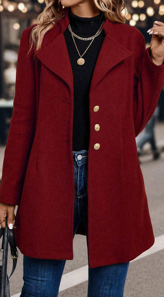 LUNE Solid Color Woolen Coat with Single Breasted Button Fall Winter Cloth for Women