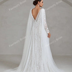 Faeriesty Elegant Square Neckline Long-Sleeve Mermaid Wedding Dress Bridal Gown with Sheer Organza Cape Detailing – Perfect for Church Ceremonies, Formal Galas, Destination Weddings, Luxurious Evening Receptions, and Grand Cathedral Celebrations