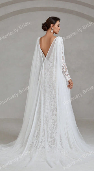 Faeriesty Elegant Square Neckline Long-Sleeve Mermaid Wedding Dress Bridal Gown with Sheer Organza Cape Detailing – Perfect for Church Ceremonies, Formal Galas, Destination Weddings, Luxurious Evening Receptions, and Grand Cathedral Celebrations