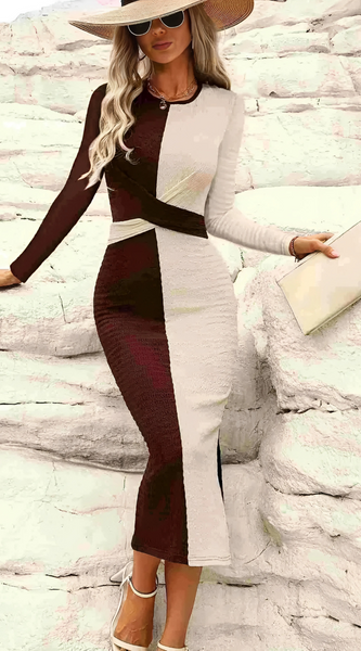 Two Tone Slit Round Neck Long Sleeve Midi Dress