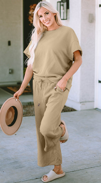 Double Take Full Size Texture Short Sleeve Top and Pants Set