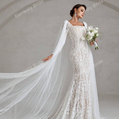 Faeriesty Elegant Square Neckline Long-Sleeve Mermaid Wedding Dress Bridal Gown with Sheer Organza Cape Detailing – Perfect for Church Ceremonies, Formal Galas, Destination Weddings, Luxurious Evening Receptions, and Grand Cathedral Celebrations
