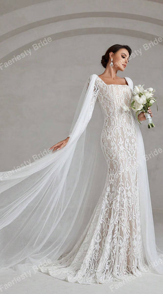 Faeriesty Elegant Square Neckline Long-Sleeve Mermaid Wedding Dress Bridal Gown with Sheer Organza Cape Detailing – Perfect for Church Ceremonies, Formal Galas, Destination Weddings, Luxurious Evening Receptions, and Grand Cathedral Celebrations