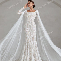 Faeriesty Elegant Square Neckline Long-Sleeve Mermaid Wedding Dress Bridal Gown with Sheer Organza Cape Detailing – Perfect for Church Ceremonies, Formal Galas, Destination Weddings, Luxurious Evening Receptions, and Grand Cathedral Celebrations