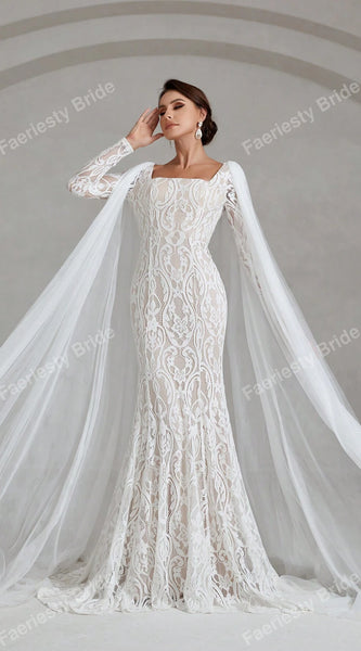Faeriesty Elegant Square Neckline Long-Sleeve Mermaid Wedding Dress Bridal Gown with Sheer Organza Cape Detailing – Perfect for Church Ceremonies, Formal Galas, Destination Weddings, Luxurious Evening Receptions, and Grand Cathedral Celebrations