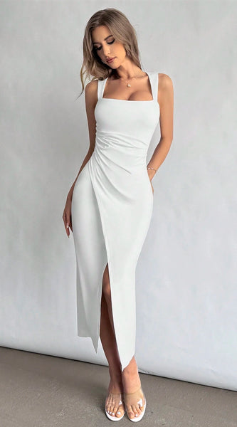 Firerie Women Square Neckline Ruched Waist Slit Dress, Elegant & Suitable for Vacation, Daily Wear or Wedding Season,Summer Dresses for Women,Tea Party Dress,White Graduation Dress