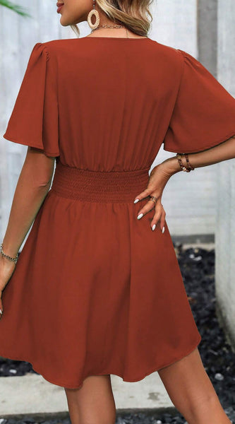 LUNE Plunging Neck Butterfly Sleeve Ruched Waist Dress