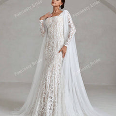 Faeriesty Elegant Square Neckline Long-Sleeve Mermaid Wedding Dress Bridal Gown with Sheer Organza Cape Detailing – Perfect for Church Ceremonies, Formal Galas, Destination Weddings, Luxurious Evening Receptions, and Grand Cathedral Celebrations