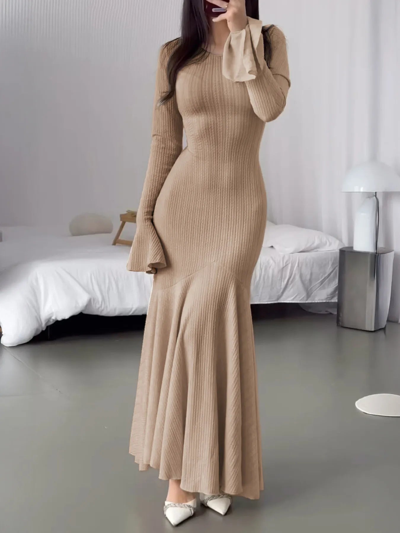 Elegant Ribbed Long Sleeve Mermaid Sweater Dress Mayawyefashion Elegant Ribbed Long Sleeve Mermaid Sweater Dress Mayawyefashion