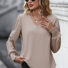 Pleated Lantern Sleeve V-Neck Blouse
