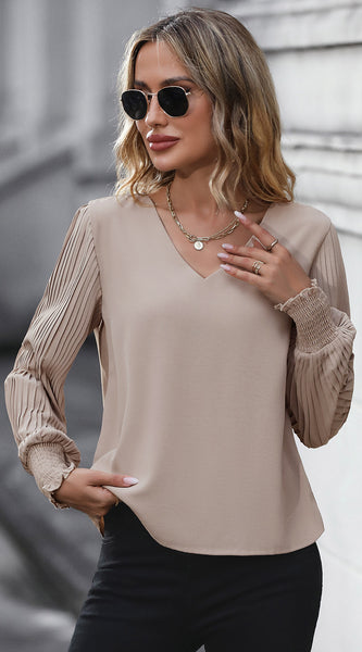 Pleated Lantern Sleeve V-Neck Blouse