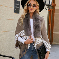 Striped Fringe Detail Long Sleeve Poncho