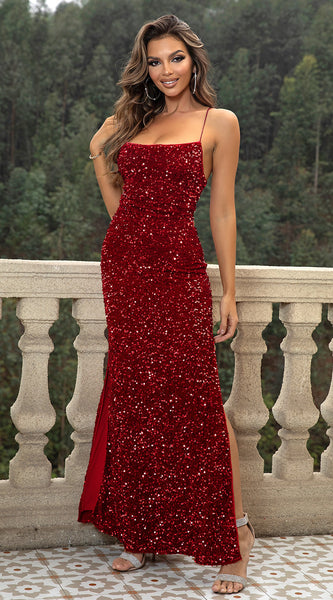 Sequin Backless Split Maxi Dress