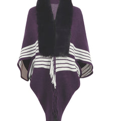 Striped Fringe Detail Long Sleeve Poncho