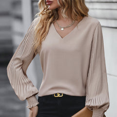 Pleated Lantern Sleeve V-Neck Blouse