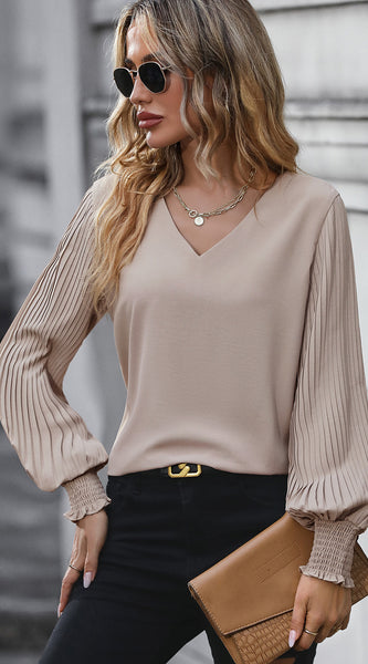 Pleated Lantern Sleeve V-Neck Blouse