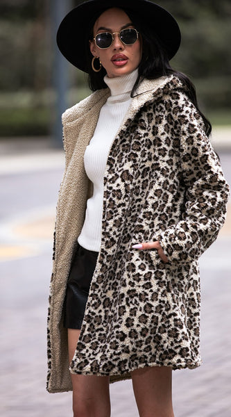 Leopard Hooded Coat with Pockets