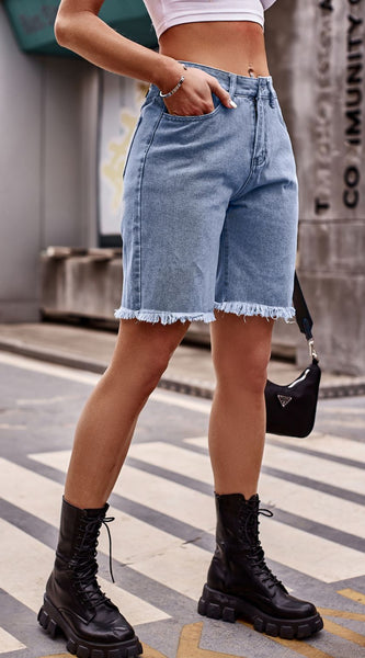 Raw Hem Denim Shorts with Pockets