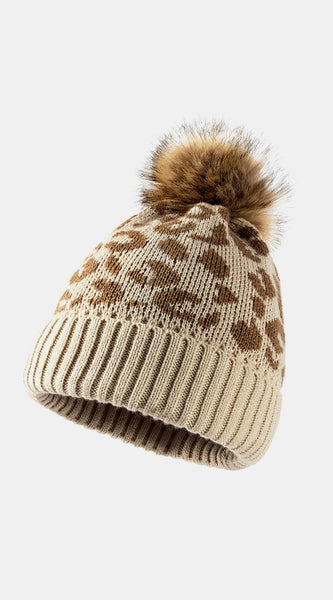 Leopard Pom-Pom Cuffed Beanie