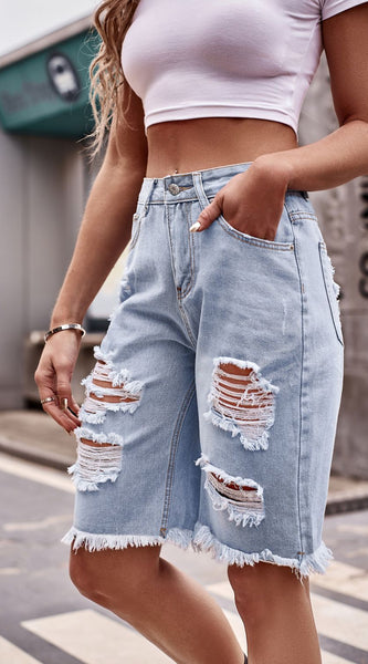 Raw Hem Distressed Denim Shorts with Pockets