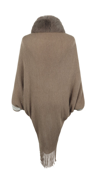 Striped Fringe Detail Long Sleeve Poncho