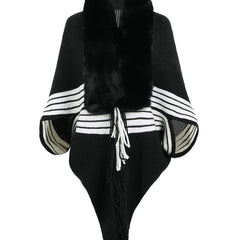 Striped Fringe Detail Long Sleeve Poncho