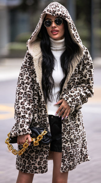 Leopard Hooded Coat with Pockets