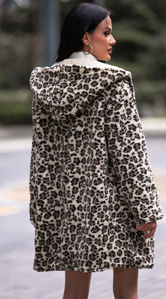 Leopard Hooded Coat with Pockets