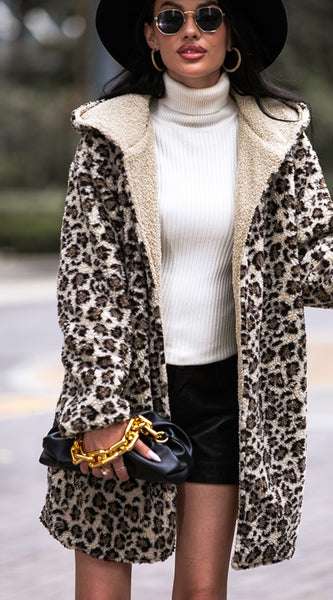 Leopard Hooded Coat with Pockets