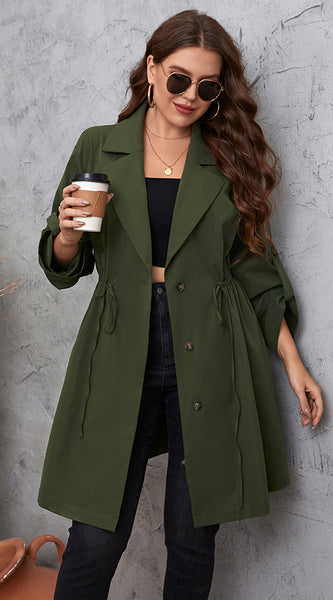 Plus Size Lapel Collar Roll-Tab Sleeve Trench Coat