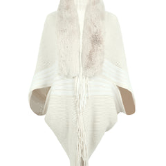 Striped Fringe Detail Long Sleeve Poncho