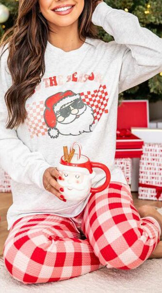 ITS THE SEASON Round Neck Top and Plaid Pants Lounge Set