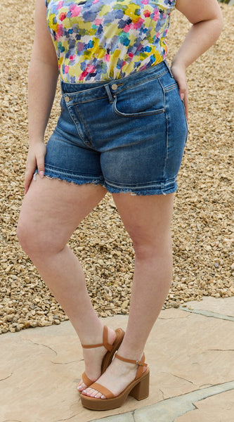 RISEN Maya Full Size Mid Rise Asymmetrical Shorts