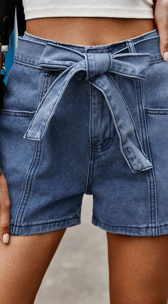 Tie Belt Denim Shorts with Pockets