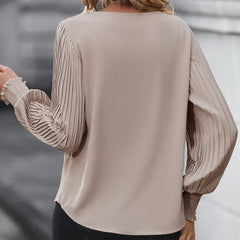 Pleated Lantern Sleeve V-Neck Blouse