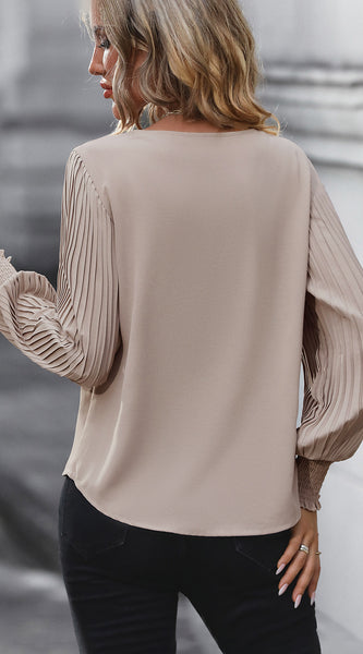 Pleated Lantern Sleeve V-Neck Blouse