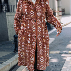 Geometric Button Down Hooded Fleece Coat