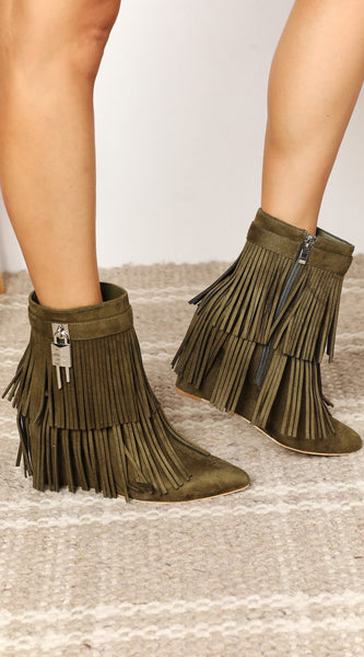 Legend Women's Tassel Wedge Heel Ankle Booties