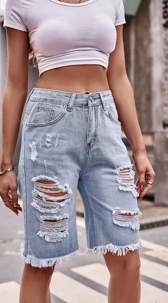 Raw Hem Distressed Denim Shorts with Pockets