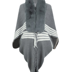 Striped Fringe Detail Long Sleeve Poncho