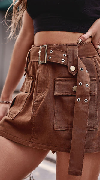 Belted Denim Shorts with Pockets